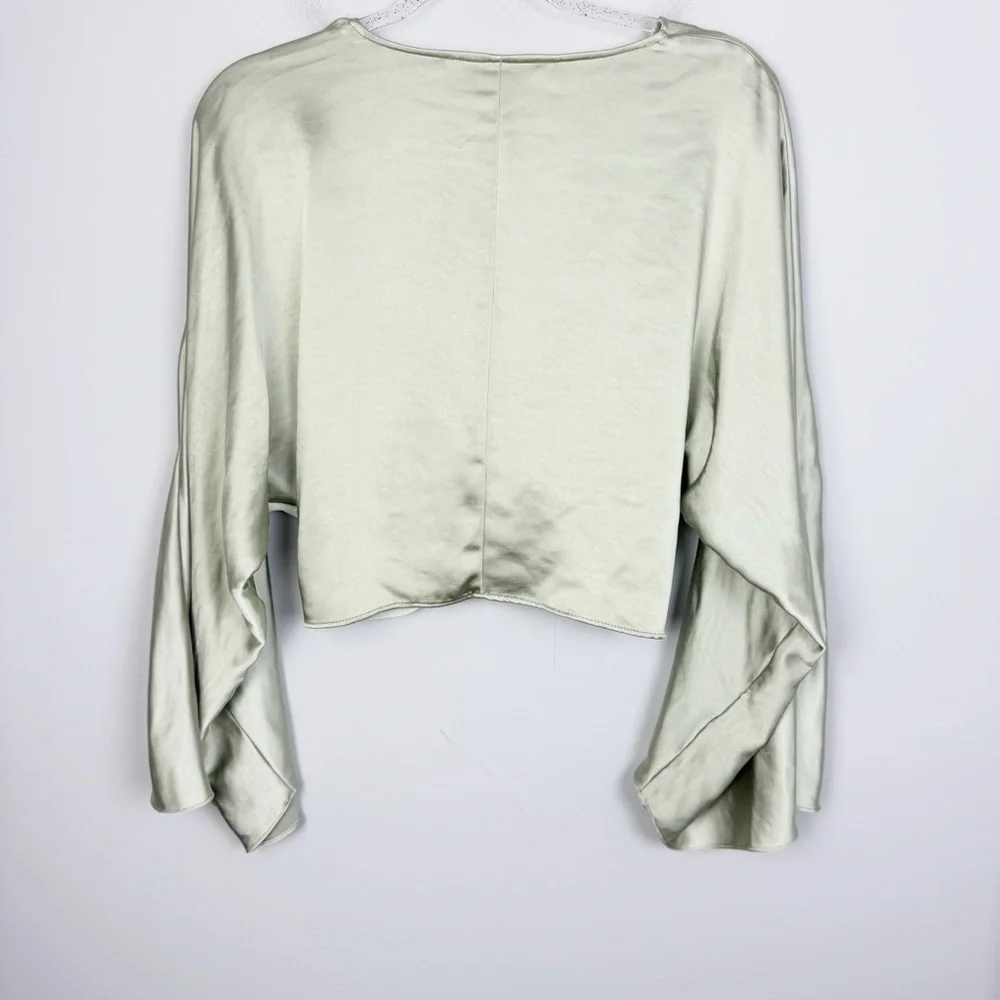 ZARA | NEW Sage Green Twist Front Cropped Bell Sleeve Top Women’s Size Large - Picture 10 of 12